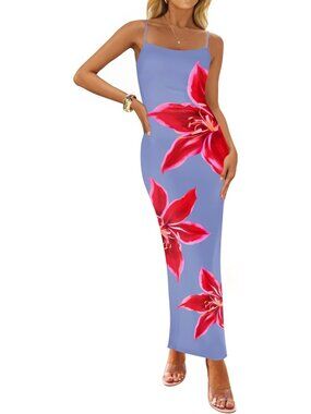 Women’s Dusty Blue Floral Bodycon Maxi Square Neck Boho Beach Summer Long Dress